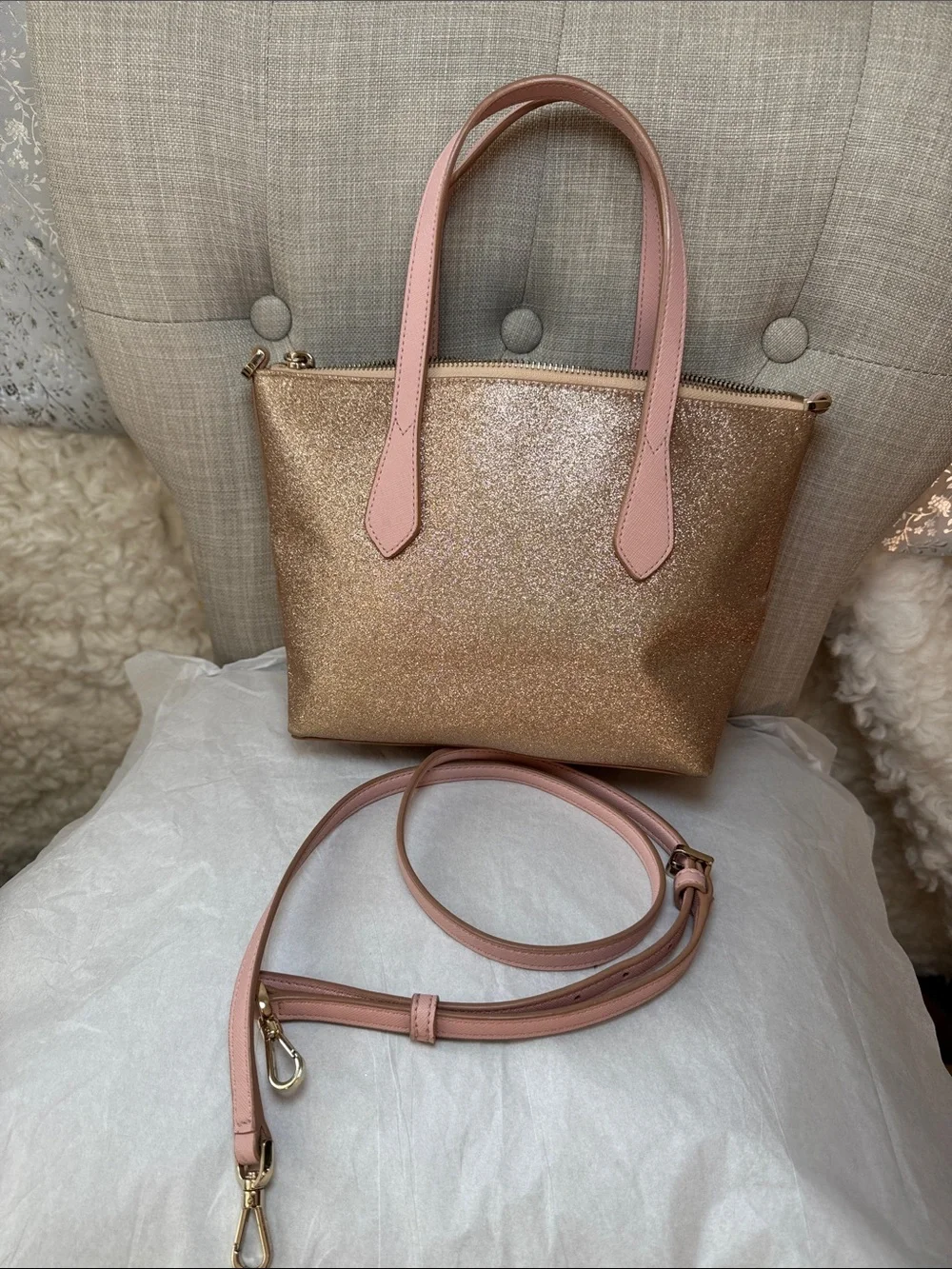 kate spade Gold Glitter Tote with Pink Handles